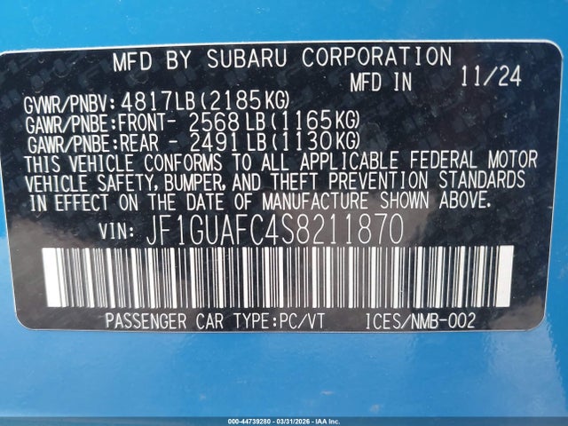 Aukcja sprzedaży 2025 Subaru Impreza Sport 5-door, vin: JF1GUAFC4S8211870, numer aukcji: 44739280