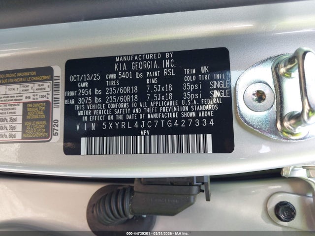 Aukcja sprzedaży 2026 Kia Sorento S, vin: 5XYRL4JC7TG427334, numer aukcji: 44739301
