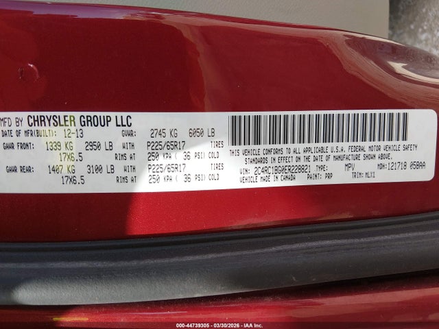 2014 Chrysler Town & Country Touring მანქანა იყიდება აუქციონზე, vin: 2C4RC1BG0ER228821, აუქციონის ნომერი: 44739305