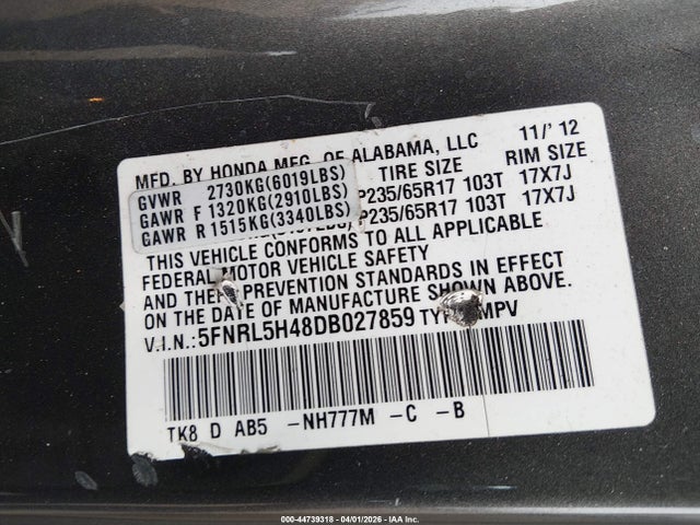 Продажа на аукционе авто 2013 Honda Odyssey Ex, vin: 5FNRL5H48DB027859, номер лота: 44739318
