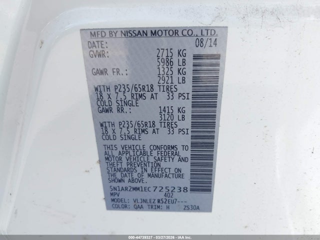 Aukcja sprzedaży 2014 Nissan Pathfinder Sv, vin: 5N1AR2MM1EC725238, numer aukcji: 44739327