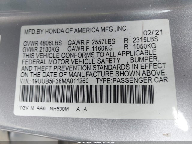 Продаж на аукціоні авто 2021 Acura Tlx Standard, vin: 19UUB5F38MA011260, номер лоту: 44739340