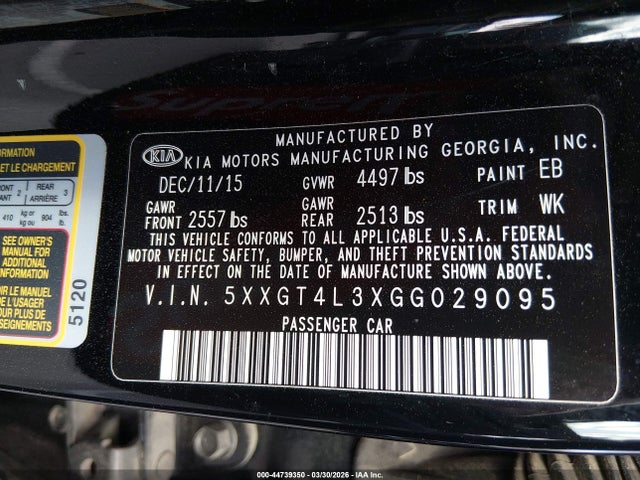 Aukcja sprzedaży 2016 Kia Optima Lx, vin: 5XXGT4L3XGG029095, numer aukcji: 44739350