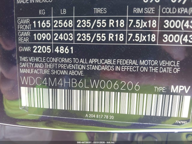 44739351 :رقم المزاد ، WDC4M4HB6LW006206 vin ، 2020 Mercedes-benz Glb 250 4matic مزاد بيع