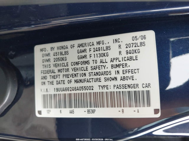Продаж на аукціоні авто 2006 Acura Tl, vin: 19UUA66246A055002, номер лоту: 44739383