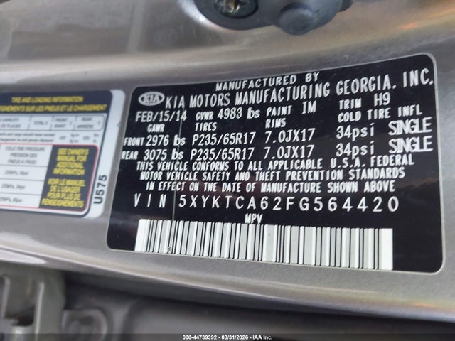 Продаж на аукціоні авто 2015 Kia Sorento Lx, vin: 5XYKTCA62FG564420, номер лоту: 44739392
