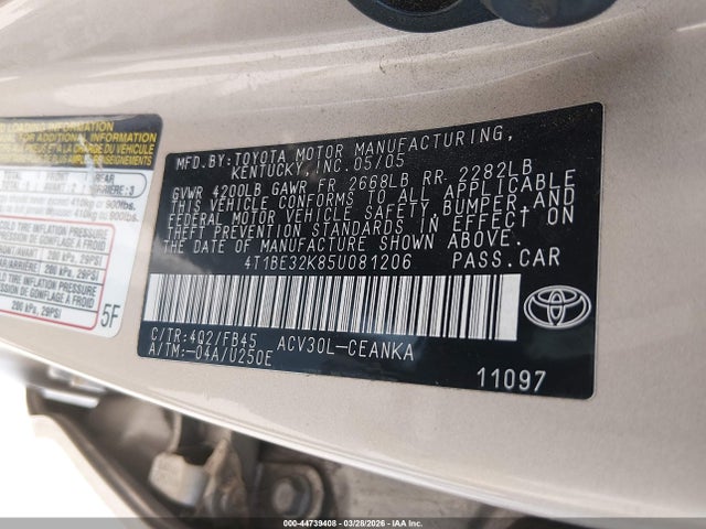 Aukcja sprzedaży 2005 Toyota Camry Le, vin: 4T1BE32K85U081206, numer aukcji: 44739408