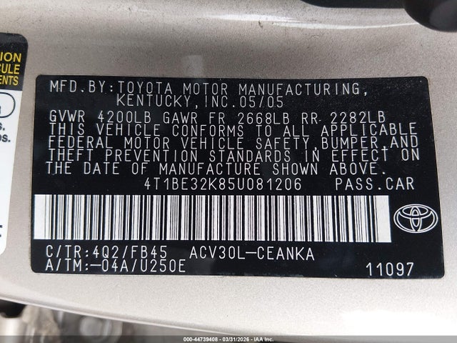 Aukcja sprzedaży 2005 Toyota Camry Le, vin: 4T1BE32K85U081206, numer aukcji: 44739408