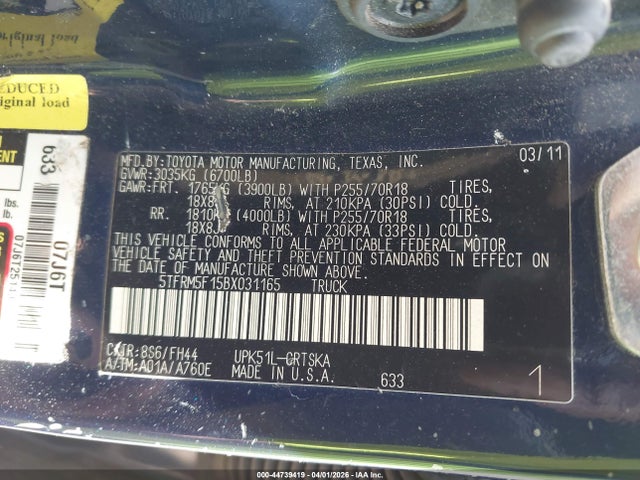44739419 :رقم المزاد ، 5TFRM5F15BX031165 vin ، 2011 Toyota Tundra Grade 4.6l V8 مزاد بيع