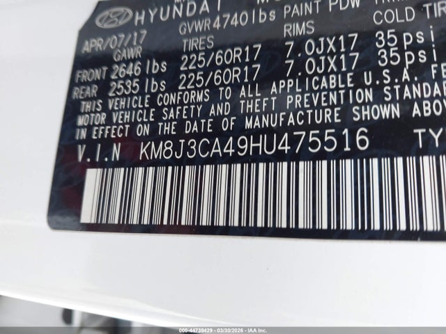 44739429 :رقم المزاد ، KM8J3CA49HU475516 vin ، 2017 Hyundai Tucson Se مزاد بيع