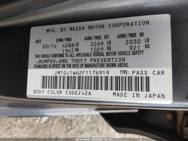 44739446 :رقم المزاد ، JM1GJ1W62F1176919 vin ، 2015 Mazda Mazda6 I Grand Touring مزاد بيع