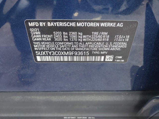 Продаж на аукціоні авто 2021 Bmw X3 Sdrive30i, vin: 5UXTY3C0XM9F93615, номер лоту: 44739451