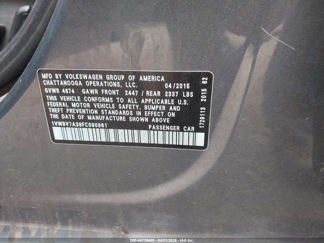 Aukcja sprzedaży 2015 Volkswagen Passat 2.0l Tdi Se, vin: 1VWBV7A39FC090961, numer aukcji: 44739465