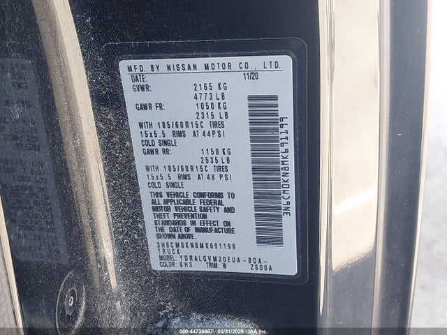 Продажа на аукционе авто 2021 Nissan Nv200  Cargo Sv Xtronic Cvt, vin: 3N6CM0KN8MK691199, номер лота: 44739467