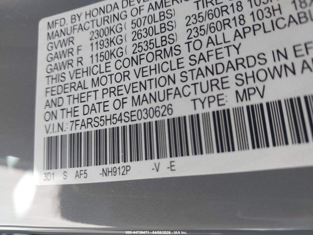 2025 Honda Cr-v Hybrid Sport მანქანა იყიდება აუქციონზე, vin: 7FARS5H54SE030626, აუქციონის ნომერი: 44739471