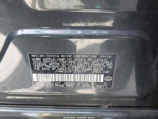44739475 :رقم المزاد ، JTHBK262872025197 vin ، 2007 Lexus Is 250 مزاد بيع