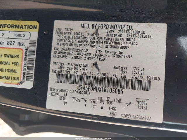 2020 Ford Fusion Se მანქანა იყიდება აუქციონზე, vin: 3FA6P0HDXLR105085, აუქციონის ნომერი: 44739477