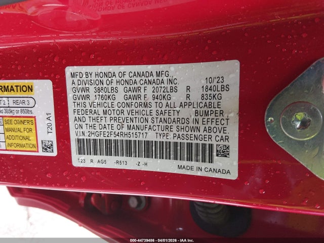 44739486 :رقم المزاد ، 2HGFE2F54RH515717 vin ، 2024 Honda Civic Sport مزاد بيع