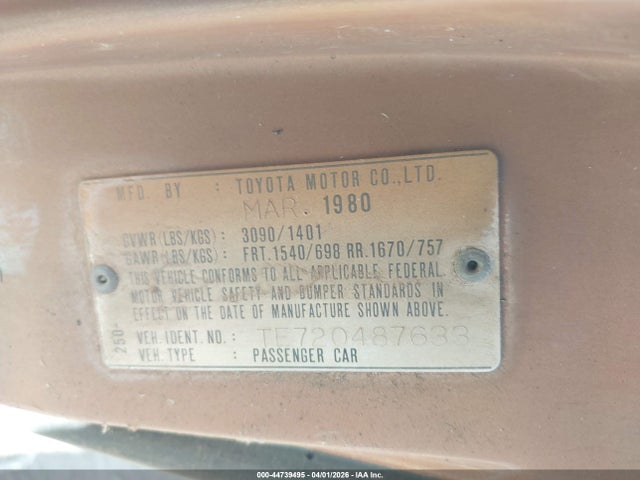 Продаж на аукціоні авто 1980 Toyota Corolla, vin: TE720487633, номер лоту: 44739495