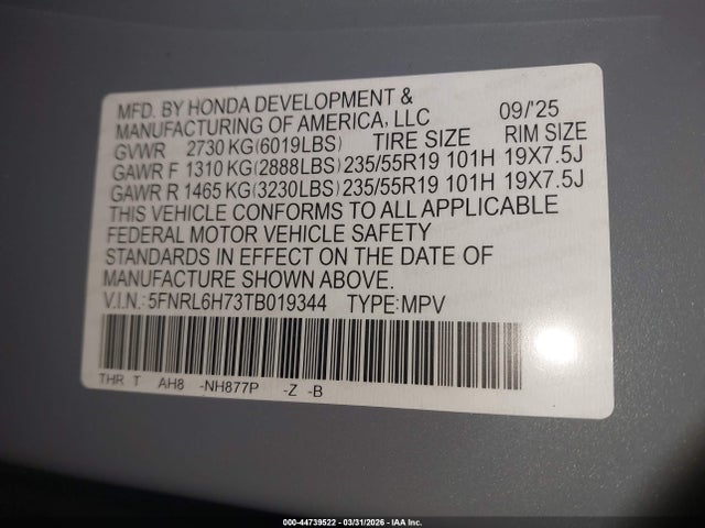 2026 Honda Odyssey Sport-l მანქანა იყიდება აუქციონზე, vin: 5FNRL6H73TB019344, აუქციონის ნომერი: 44739522