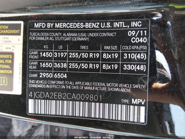 Aukcja sprzedaży 2012 Mercedes-benz Ml 350 Bluetec 4matic, vin: 4JGDA2EB2CA009801, numer aukcji: 44739531