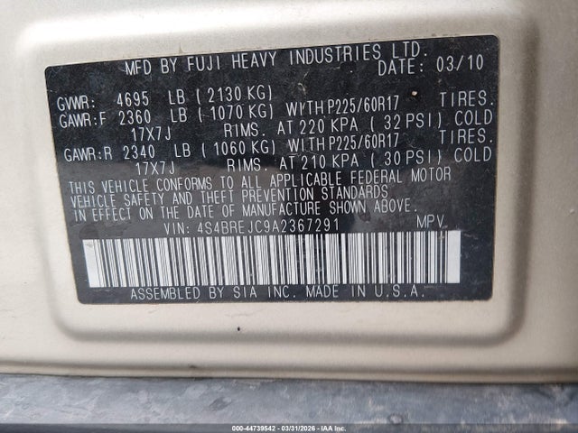 Продажа на аукционе авто 2010 Subaru Outback 3.6r Limited, vin: 4S4BREJC9A2367291, номер лота: 44739542