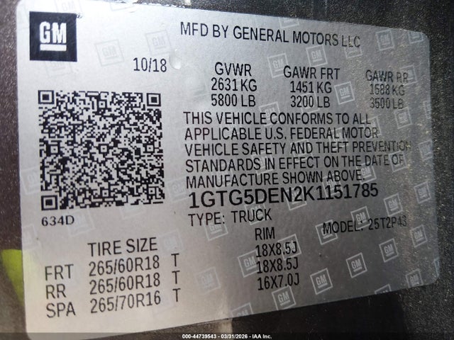 Aukcja sprzedaży 2019 Gmc Canyon Slt, vin: 1GTG5DEN2K1151785, numer aukcji: 44739543
