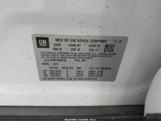 KL7CJKSB7LB059136 Chevrolet Trax Fwd Ls