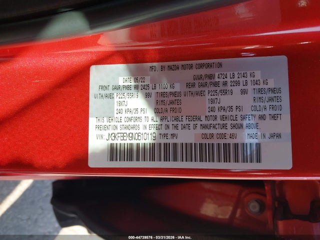 44739576 :رقم المزاد ، JM3KFBEM9N0610119 vin ، 2022 Mazda Cx-5 2.5 S Premium Plus مزاد بيع