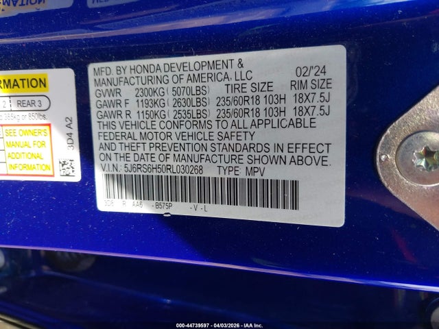 2024 Honda Cr-v Hybrid Sport მანქანა იყიდება აუქციონზე, vin: 5J6RS6H50RL030268, აუქციონის ნომერი: 44739597