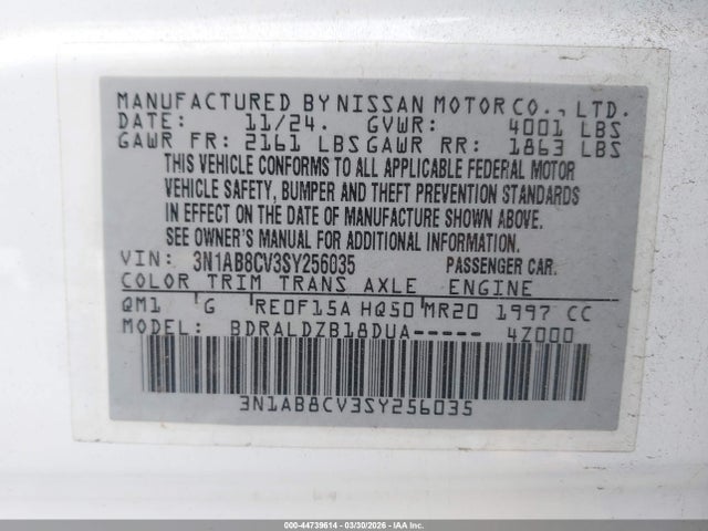 Aukcja sprzedaży 2025 Nissan Sentra Sv, vin: 3N1AB8CV3SY256035, numer aukcji: 44739614