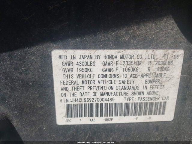 Продаж на аукціоні авто 2007 Acura Tsx, vin: JH4CL96927C004489, номер лоту: 44739652