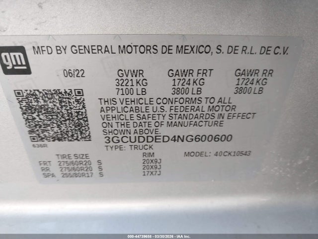 3GCUDDED4NG600600 Chevrolet Silverado 1500 4wd Standard Bed Lt