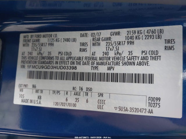 Ford ESCAPE SE 2017 1FMCU9GD3HUD03398 Image 9