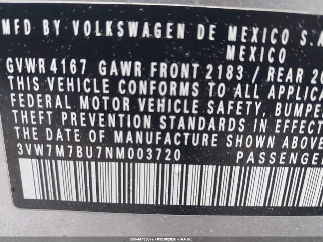 44739677 :رقم المزاد ، 3VW7M7BU7NM003720 vin ، 2022 Volkswagen Jetta 1.5t Se مزاد بيع