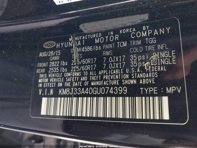 Aukcja sprzedaży 2016 Hyundai Tucson Se, vin: KM8J33A40GU074399, numer aukcji: 44739679