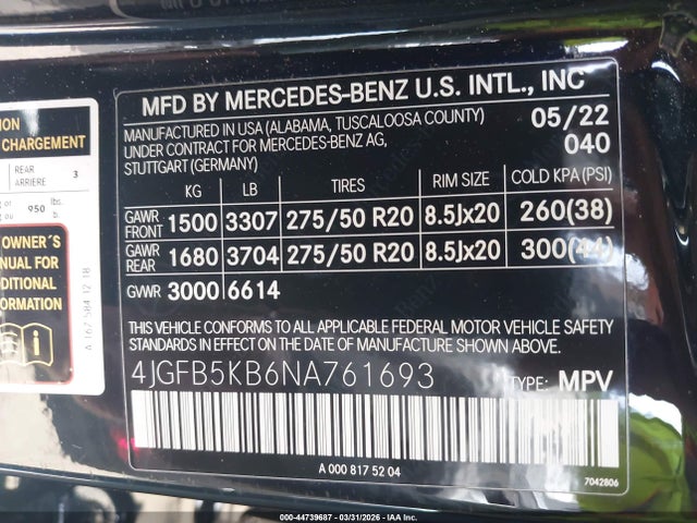 Aukcja sprzedaży 2022 Mercedes-benz Gle 450 4matic, vin: 4JGFB5KB6NA761693, numer aukcji: 44739687
