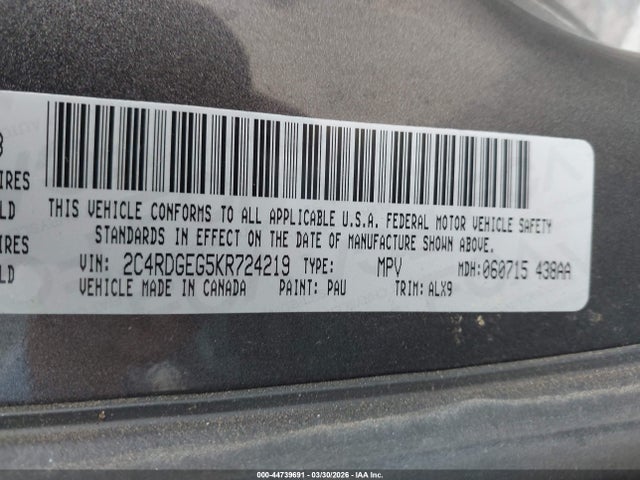 2019 Dodge Grand Caravan Gt მანქანა იყიდება აუქციონზე, vin: 2C4RDGEG5KR724219, აუქციონის ნომერი: 44739691
