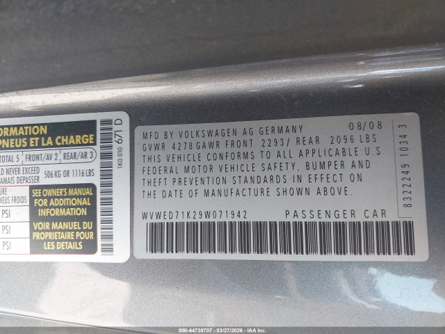 44739707 :رقم المزاد ، WVWED71K29W071942 vin ، 2009 Volkswagen Gti 2-door مزاد بيع