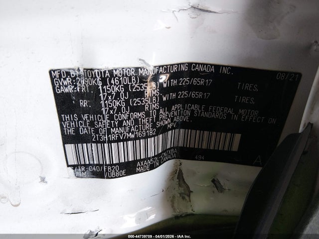 Aukcja sprzedaży 2021 Toyota Rav4 Le, vin: 2T3H1RFV7MW169182, numer aukcji: 44739709