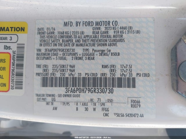 Ford FUSION SE 2016 3FA6P0H79GR330730 Image 9
