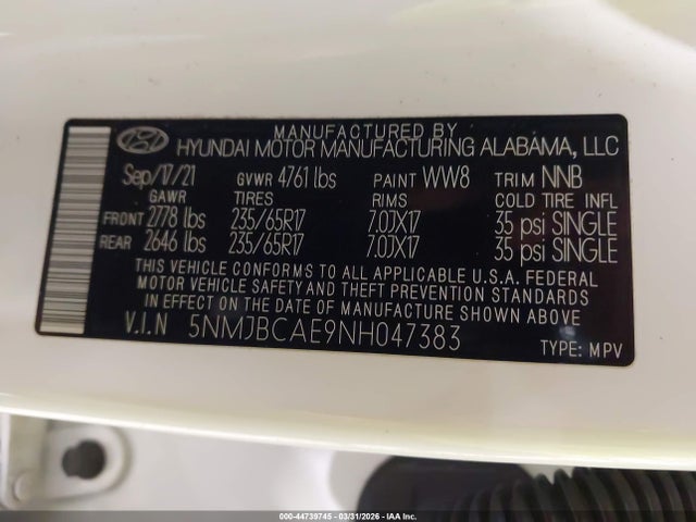 44739745 :رقم المزاد ، 5NMJBCAE9NH047383 vin ، 2022 Hyundai Tucson Sel مزاد بيع