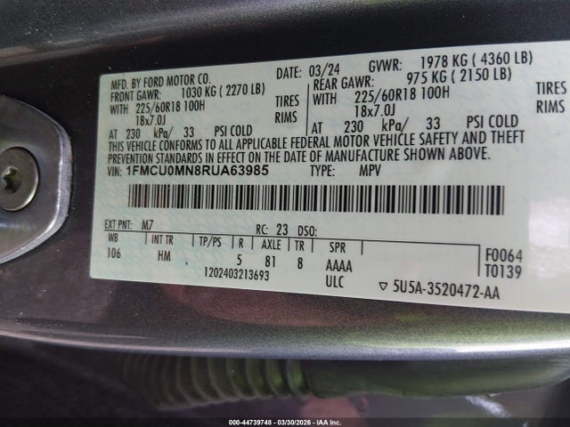 Продаж на аукціоні авто 2024 Ford Escape St-line, vin: 1FMCU0MN8RUA63985, номер лоту: 44739748