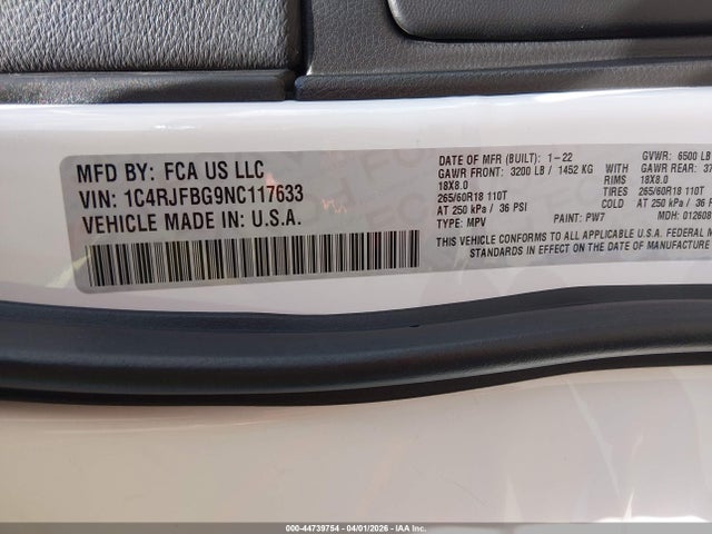 Aukcja sprzedaży 2022 Jeep Grand Cherokee Wk Limited 4x4, vin: 1C4RJFBG9NC117633, numer aukcji: 44739754