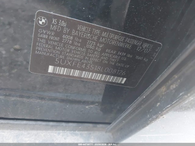 44739771 :رقم المزاد ، 5UXFE43518L008126 vin ، 2008 Bmw X5 3.0si مزاد بيع