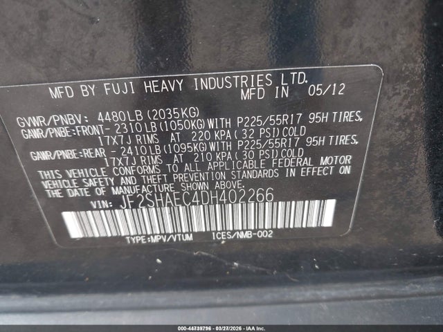 2013 Subaru Forester 2.5x Limited მანქანა იყიდება აუქციონზე, vin: JF2SHAEC4DH402266, აუქციონის ნომერი: 44739796