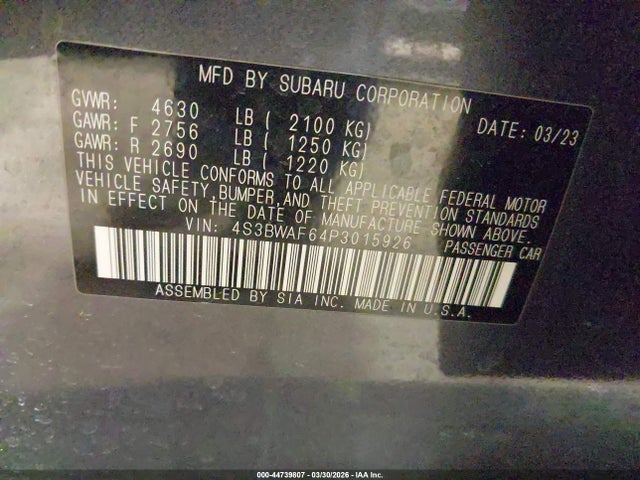 Продажа на аукционе авто 2023 Subaru Legacy Premium, vin: 4S3BWAF64P3015926, номер лота: 44739807
