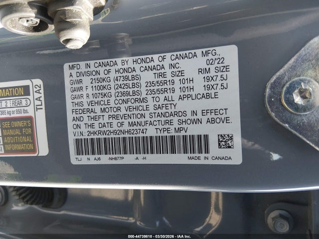 2022 Honda Cr-v Awd Touring მანქანა იყიდება აუქციონზე, vin: 2HKRW2H92NH623747, აუქციონის ნომერი: 44739810