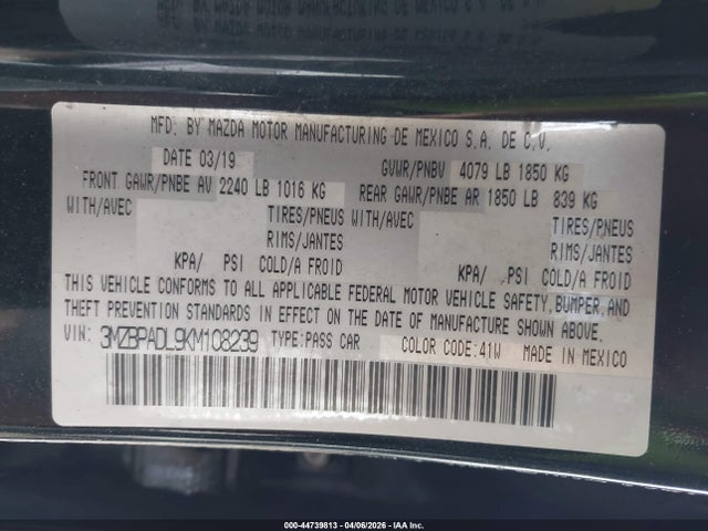 Продаж на аукціоні авто 2019 Mazda Mazda3 Preferred Package, vin: 3MZBPADL9KM108239, номер лоту: 44739813