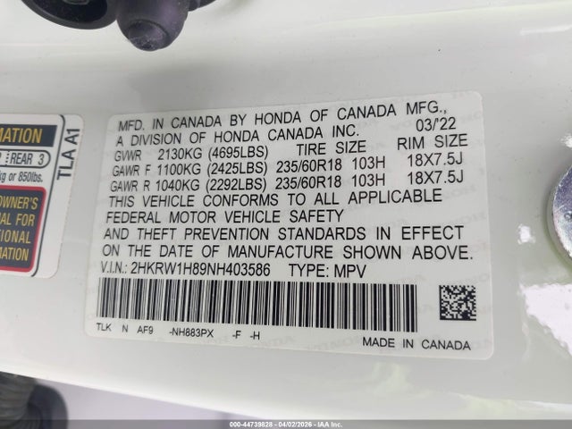 Aukcja sprzedaży 2022 Honda Cr-v 2wd Ex-l, vin: 2HKRW1H89NH403586, numer aukcji: 44739828
